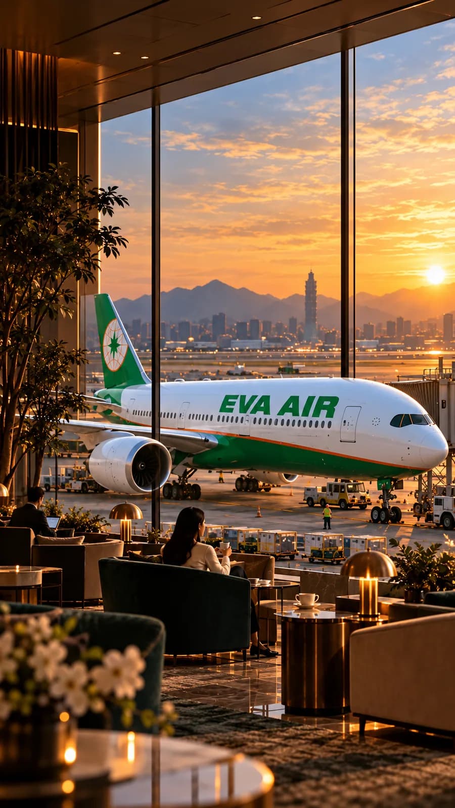 Ảnh minh họa máy bay EVA Air với tên hãng rõ trên thân, nhìn từ phòng chờ sân bay