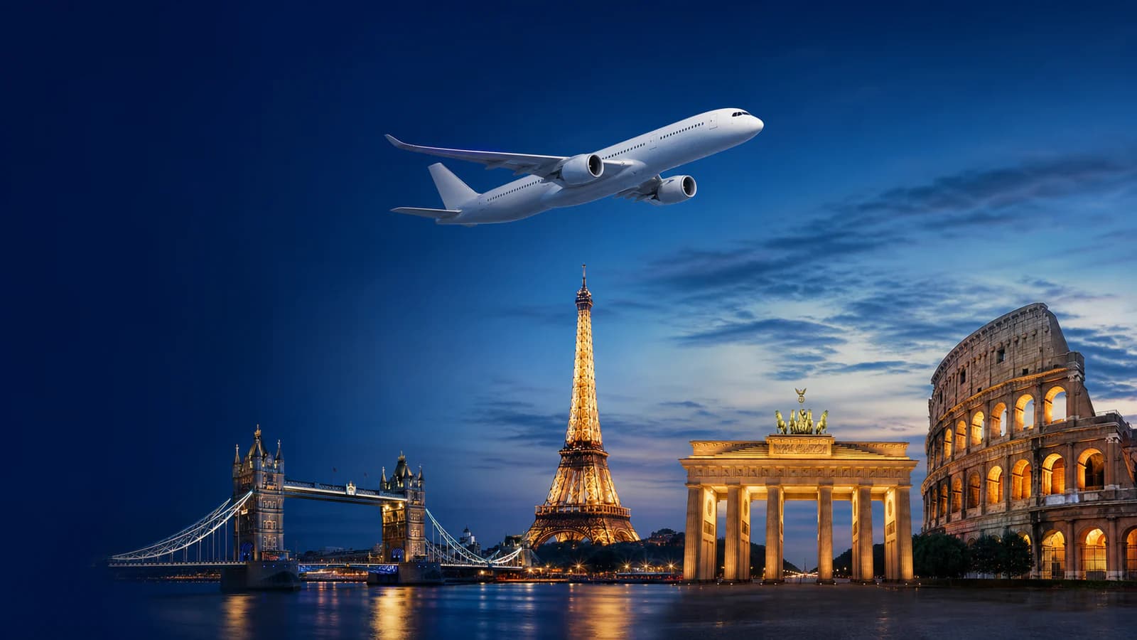 Máy bay quốc tế bay qua các biểu tượng Anh, Pháp, Đức và Ý
